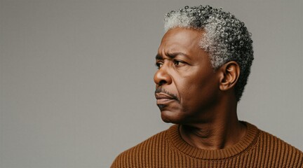 Obraz premium Serious black man with gray curly hair and mustache looks left. Mature african american male with brown eyes wears warm sweater. Thoughtful expression on his face shows wisdom and experience.