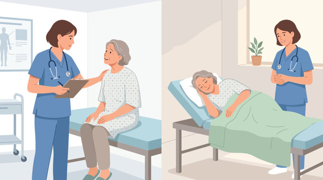 Nurse assists patient in clinic and hospital room, care and recovery concept
