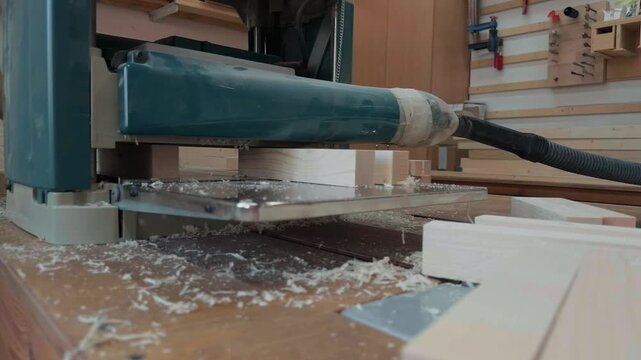 Professional woodworker operating a stationary thickness planer machine to surface raw pine wood planks for carpentry on a wooden workbench in an authentic workshop during a detailed macro b-roll shot