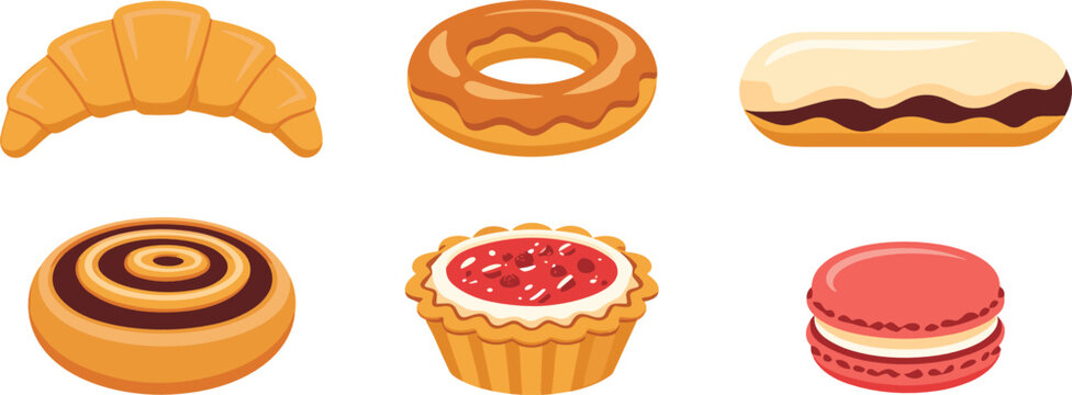 Pastries vector illustration set featuring crescent croissant glaze donut chocolate eclair cinnamon roll berry tart and macaron for bakery shop cafe design.