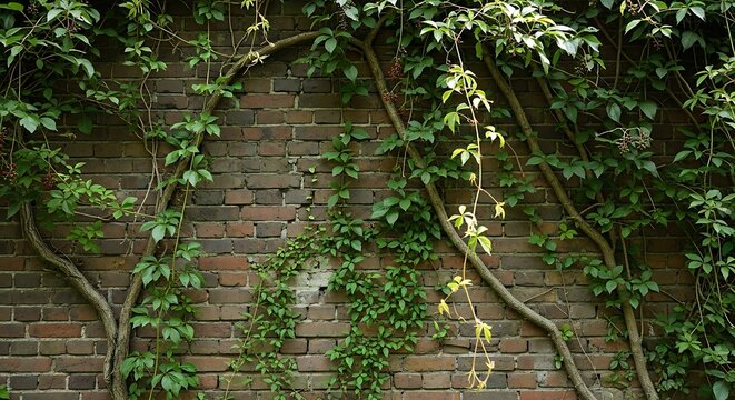 Green Climbing Vines Growing Across Weathered Brick Wall in Garden Setting