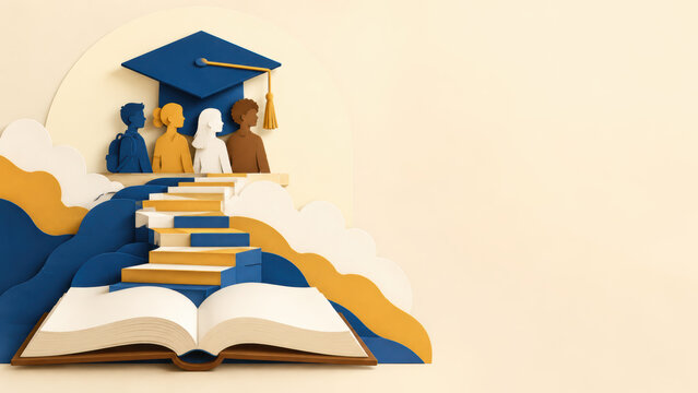 Education pathway rises from open book toward diverse graduating students