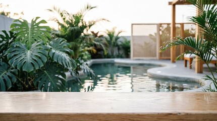 Fototapeta premium Tropical Poolside Scene with Wooden Table for Web Design