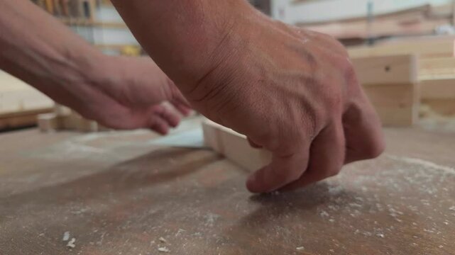 Surface Level Extreme Close Up Of Unrecognizable Artisan Fingertips Precisely Guiding Raw Timber Block Over Spinning Router Bit On Dusty Workbench Inside Carpentry Studio Authentic B-Roll