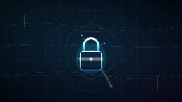 Digital cybersecurity concept with glowing padlock and data network hud interface animation data protection