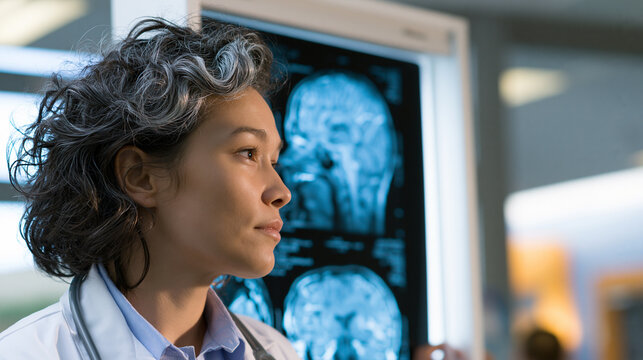 Dedicated Asian Female Doctor Examines X-ray in Hospital Clinic - Healthcare Provider Expertise in Medical Imaging and Patient Care