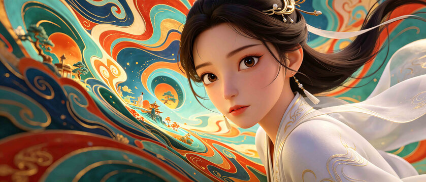 Ancient Chinese Beauty With Colorful Auspicious Cloud Landscape Background
