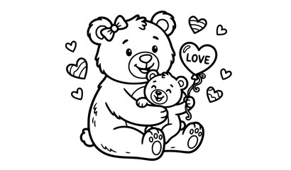 Fototapeta premium Mother bear hugging baby cub coloring page cute teddy bear family outline vector illustration