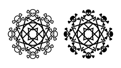 Gothic Skull Mandala Designs: Two striking circular designs, one outlined and one filled, featuring intricate geometric patterns adorned with skull motifs, exuding a dark, mystic, or Halloween theme. © asad
