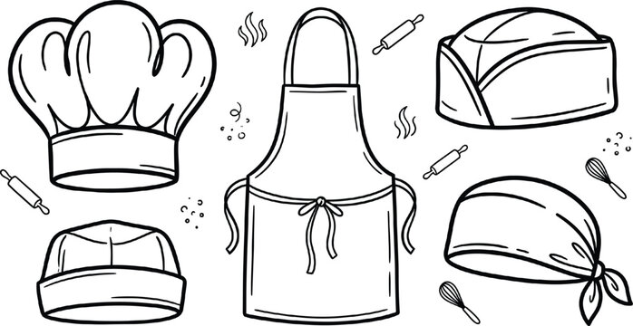 Chef Uniform and Kitchen Cooking Apparel Line Art Set with Toque Hat Apron Skull Cap and Head Wrap Bandana Doodle Vector Elements