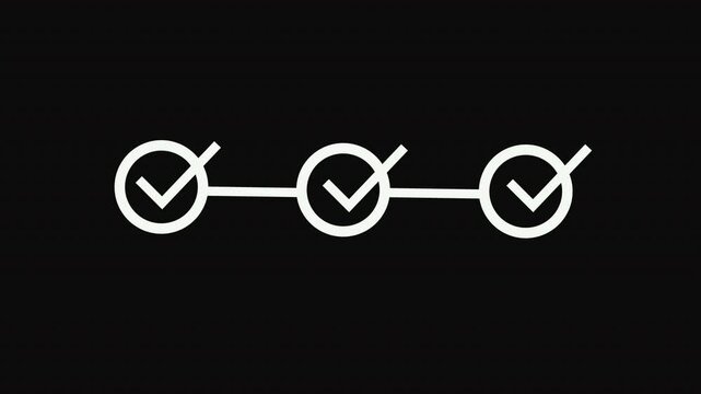 A 3-step animated infographic featuring a progress line with white checkmark icons and a white UI timeline motion graphic indicating task completion, set against a black background.