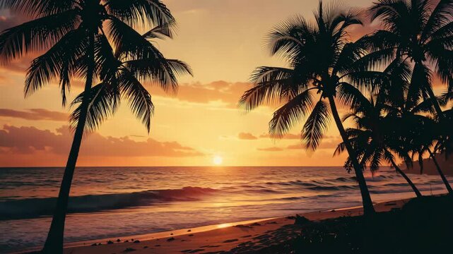 Sunset bathes palm trees on sandy beach. Ocean waves gently roll toward shore. Golden light reflects off water's surface. Silhouettes of palms frame tranquil scene