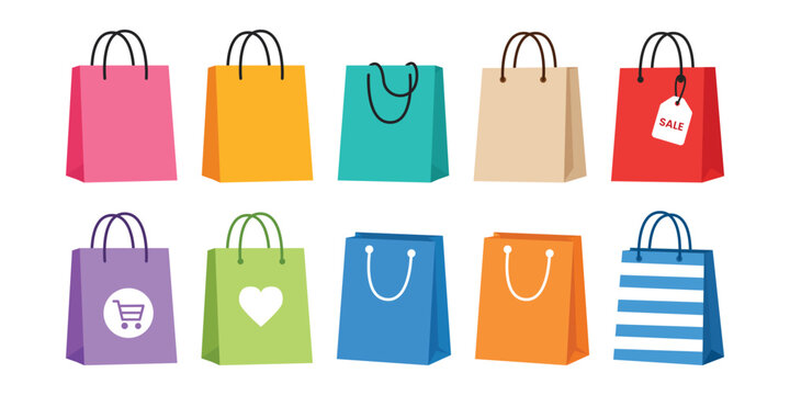 Colorful shopping bag icon collection in flat vector style isolated on white background. Perfect for e-commerce, online shopping, retail, marketing, sales, branding, and store applications.