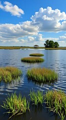 Fototapeta premium Water body with patches of grass islands under blue cloudy sky. Distant gazebo and green trees create landscape depth. Serene natural wetland.