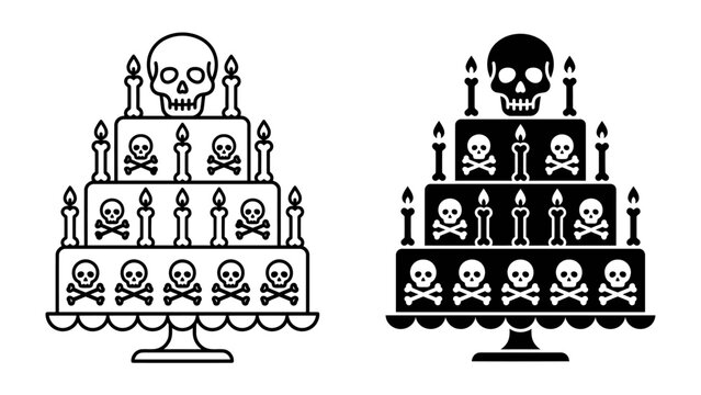 Skull and Crossbones Cake: A morbidly delightful multi-tiered cake adorned with skull and crossbones motifs and lit candles, presented in both line art and silhouette form.