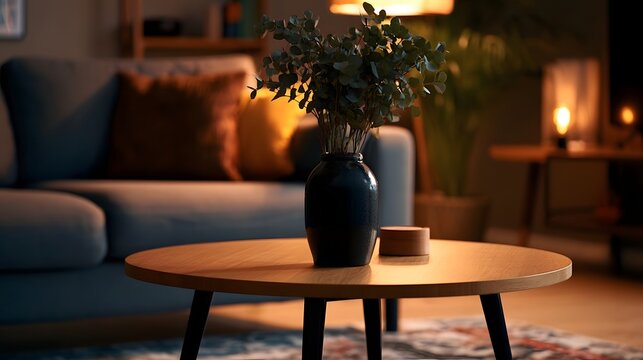 A dark vase holding greenery sits on a round wooden coffee table in front of a blue sofa under warm ambient lighting
