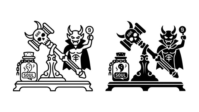 Scales of Judgment: A devilish figure presides over scales, holding a coin and accompanied by a vial labeled 'Soul' and a gavel depicting a skull, symbolizing a dark bargain or moral reckoning.