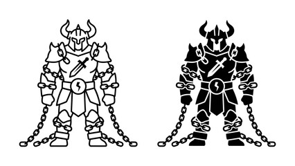 Armored Warrior Silhouette: A powerful warrior encased in ornate armor, complete with a helmet and sword, stands defiantly, one version in stark outline and the other as a solid silhouette. © Mohammad
