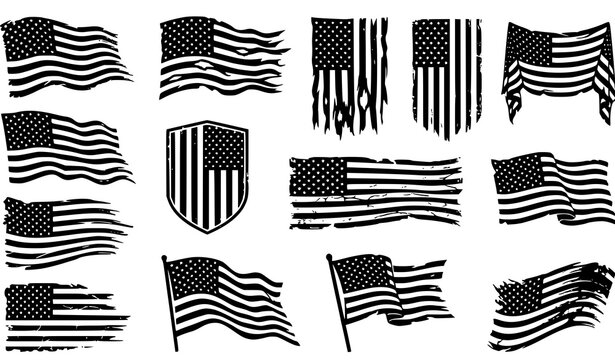 Vintage American waving flag vector collection with distressed grunge patriotic silhouettes