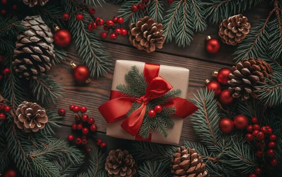 Small wrapped Christmas gift with red bow rests among fir branches, pinecones, berries and red ornaments on wooden table, creating cozy holiday flat lay for festive gift messages and cards use