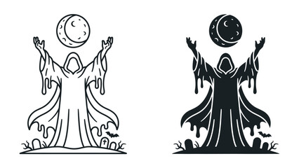 Mystical Ritual: A robed figure with outstretched arms stands beneath a crescent moon, surrounded by gravestones, in a scene evoking ancient magic and the occult. © asad