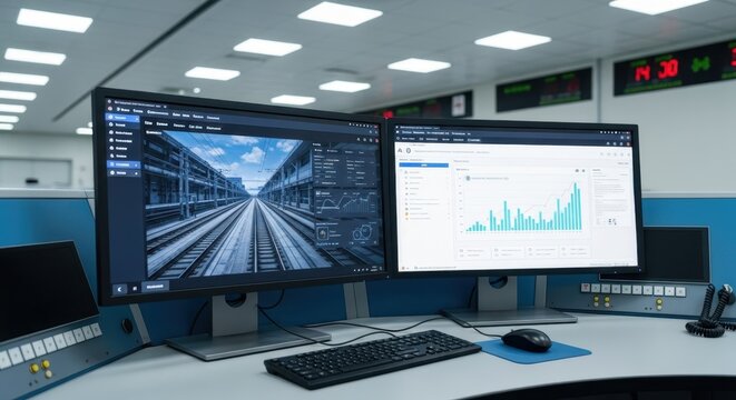 Dual computer monitors displaying data analytics and rail infrastructure simulation in a modern control room environment.
