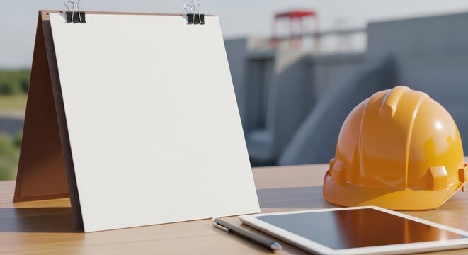 Engineering planning for dam infrastructure with tablet, notebook, and safety helmet at a construction site