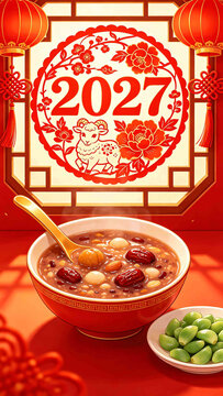 2027 Year of Sheep Red Paper Cut With Bowl Of Laba Congee