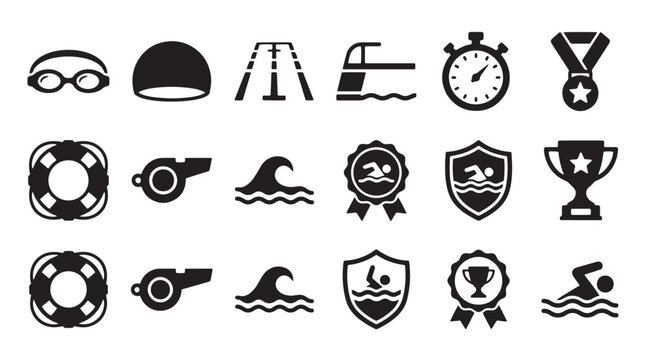 Swimming, sports icons, black, 20 vector graphics, athletic symbols, pool, fitness, competition