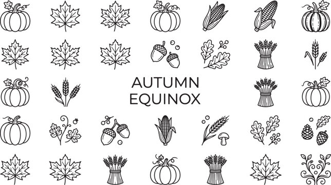 Autumn Equinox hand drawn icon set featuring pumpkins leaves wheat corn and acorns in sketch style