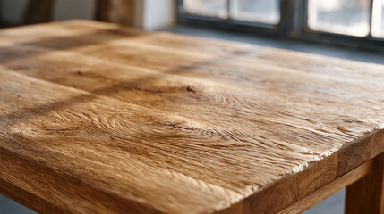 Fototapeta premium Wide-grain oak board surface with natural knot lines and smooth finish under warm afternoon sun streaming through rustic barn window, backdrop for artisan woodworking studio,