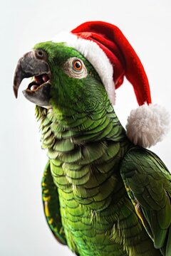 Green parrot wearing a red Santa hat poses on white background, showing bright feathers, curved beak and festive pet charm for Christmas greeting cards, holiday animal themes and seasonal cheer