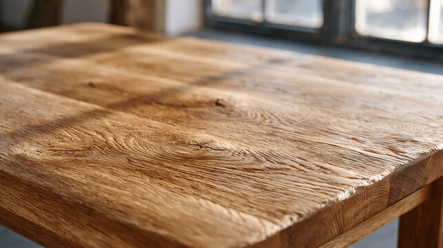 Wide-grain oak board surface with natural knot lines and smooth finish under warm afternoon sun streaming through rustic barn window, backdrop for artisan woodworking studio,