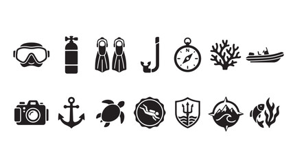 Diving, scuba, snorkeling icons, black line style, 13 symbol set, ocean, underwater, vector graphics © Anika