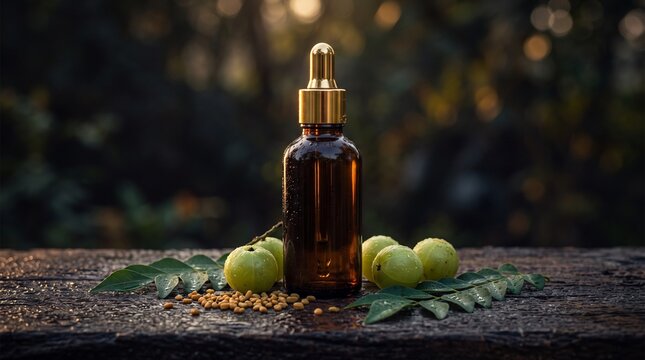 Rustic luxury hair oil product photography, seamless unbranded amber glass bottle on wet dark wood with dew drops, amla berries and fenugreek seeds, moody golden bokeh background