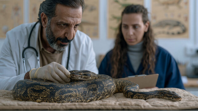 Lebanese exotic animal specialist in examination gloves carefully inspects the scales and eyes of a ball python coiled on a padded exam mat, a Maori veterinary student observes