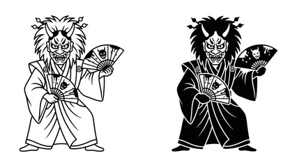 Japanese Noh Mask Dancer Illustration: A striking depiction of a dancer in traditional Japanese attire, complete with a fierce Noh mask and a decorative fan. © Mohammad