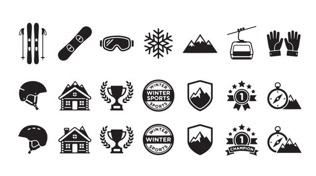 Skiing, Winter Sports Icons, Black Vector Set, 20 Emblems