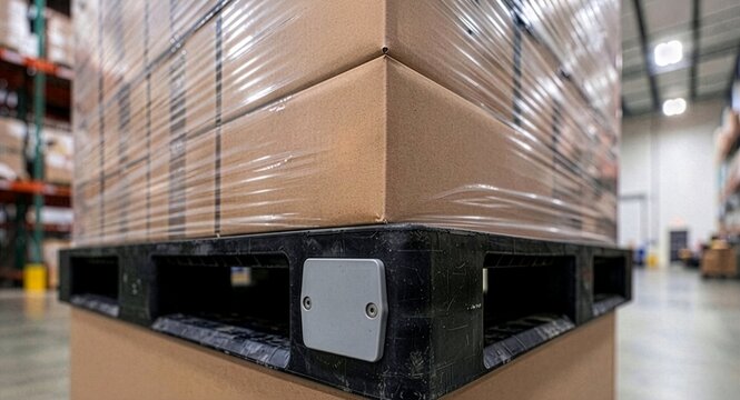 RFID Tag Attached to Black Plastic Pallet in Modern Warehouse