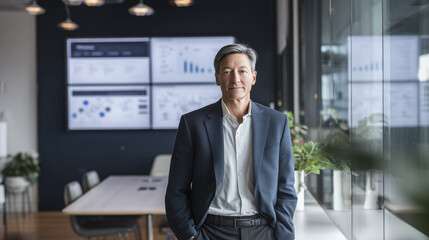 Obraz premium Professional strategy consultant portrait in a modern office, corporate strategy and business consulting concept with a confident single expert, copy space