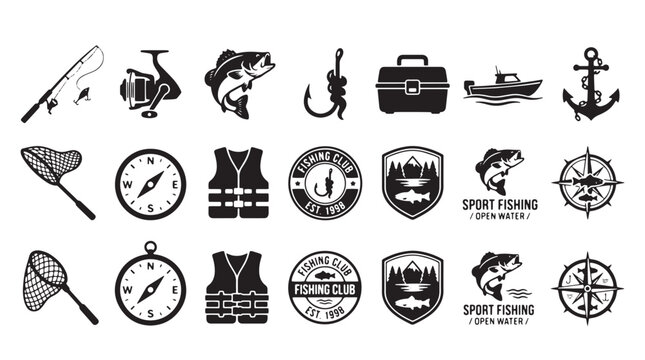 Sport fishing icons, logo set, black and white, vector graphics, fishing symbols, outdoor adventure, nautical signs