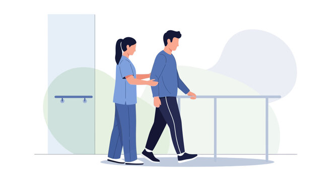 Physical therapy patient walking with caregiver support alongside parallel bars.
