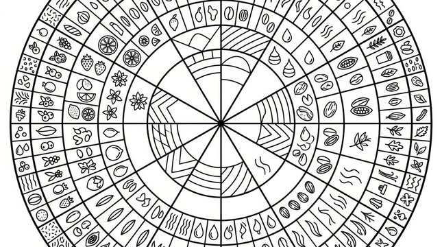 Various coffee brewing methods, ingredients, and tools grouped in a circular layout without text or labels for clear identification.