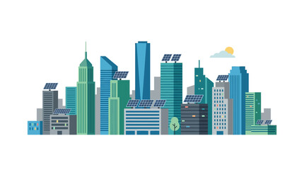 Fototapeta premium Eco-friendly city skyline with solar panels on buildings, sustainable urban future