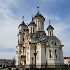 Obraz premium Ornate Orthodox Cathedral Standing Under Cloudy Blue Sky in Urban Square
