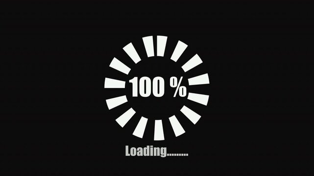 A white loading spinner is displayed above the word "Loading," accompanied by a percentage indicator ranging from 0% to 100%; all elements are white against a black background, signifying an ongoing p