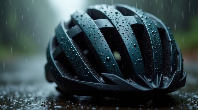 Casco de ciclismo aerodin&aacute;mico con gotas de lluvia tras una salida bajo la tormenta