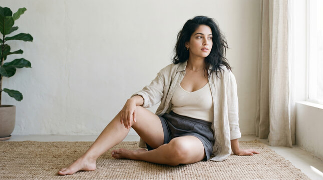 Relaxed woman in casual shorts and an unbuttoned linen shirt sitting barefoot on a textured rug in a bright, minimalist modern studio.