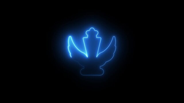Blue neon glowing trophy cup with wings concept on dark black background for esports gaming tournament and championship achievement award icon