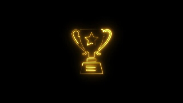 Gold neon glowing trophy cup concept with star symbol on dark black background for gaming tournament championship achievement and success award icon